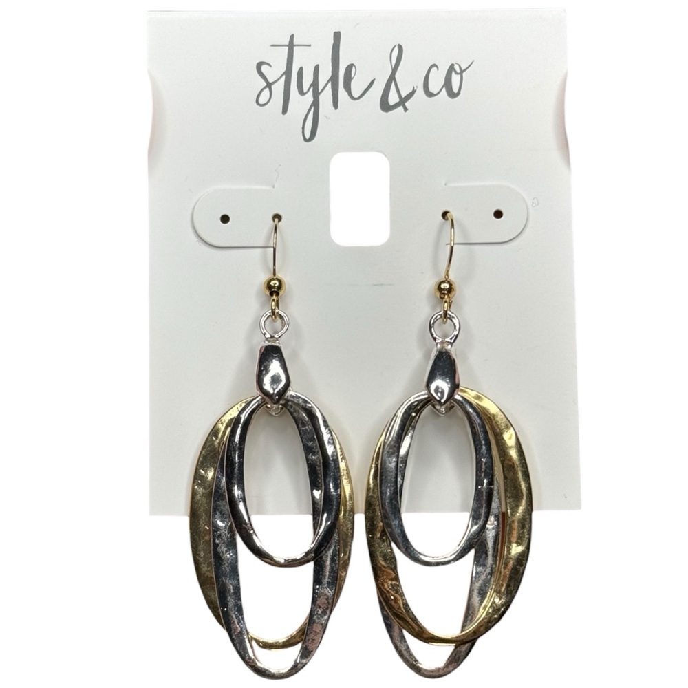 STYLE & CO Stamped Oval Mixed Metal Dangle Hook Earrings Gold Silver NEW